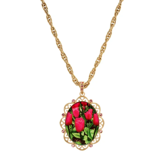 1928 Jewelry Blooming Pink Tulips & Pink Crystals Pendant Necklace 28″