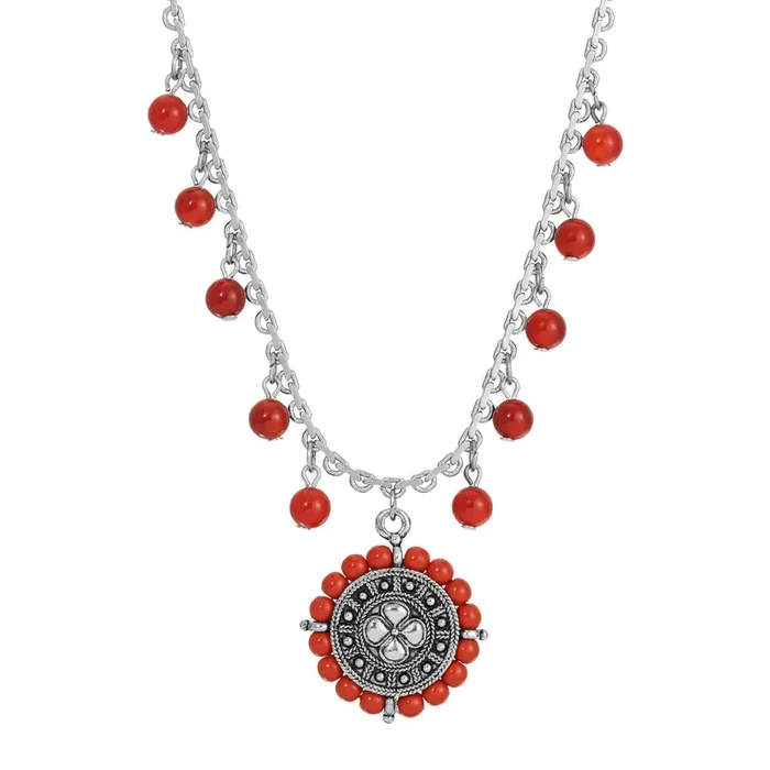 1928 Jewelry Carnelian & Red Jasper Gemstone Floral Pendant Necklace 15″ + 3″ Extender
