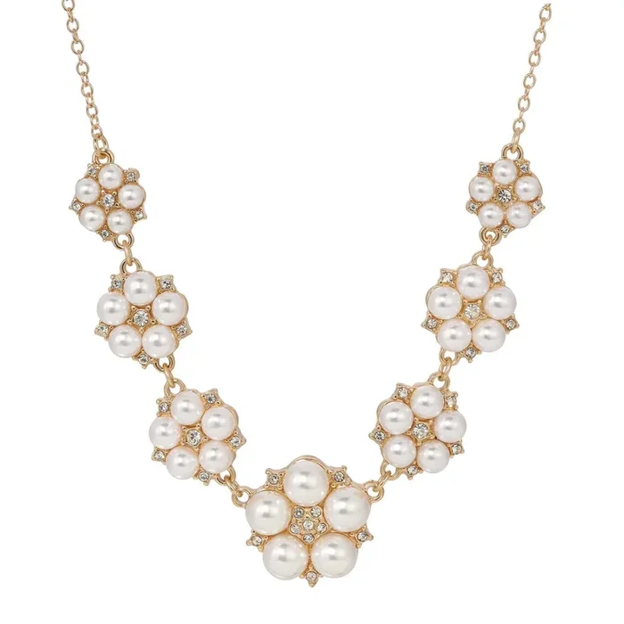 1928 Jewelry Crystal Star Flower White Faux Pearl Necklace 16″ + 3″ Extender