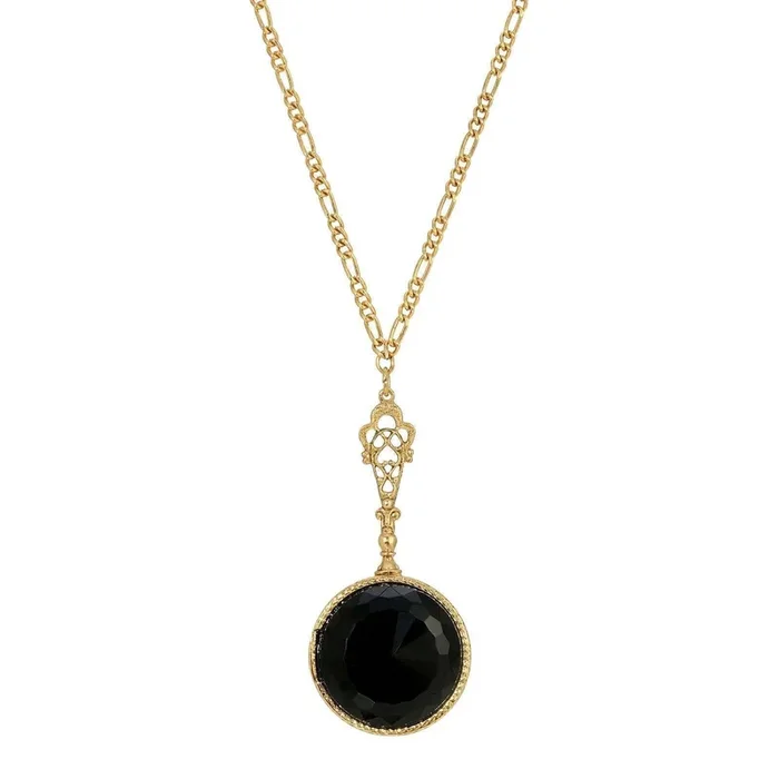 1928 Jewelry Deco Black Faceted Stone Pendant Necklace 28″