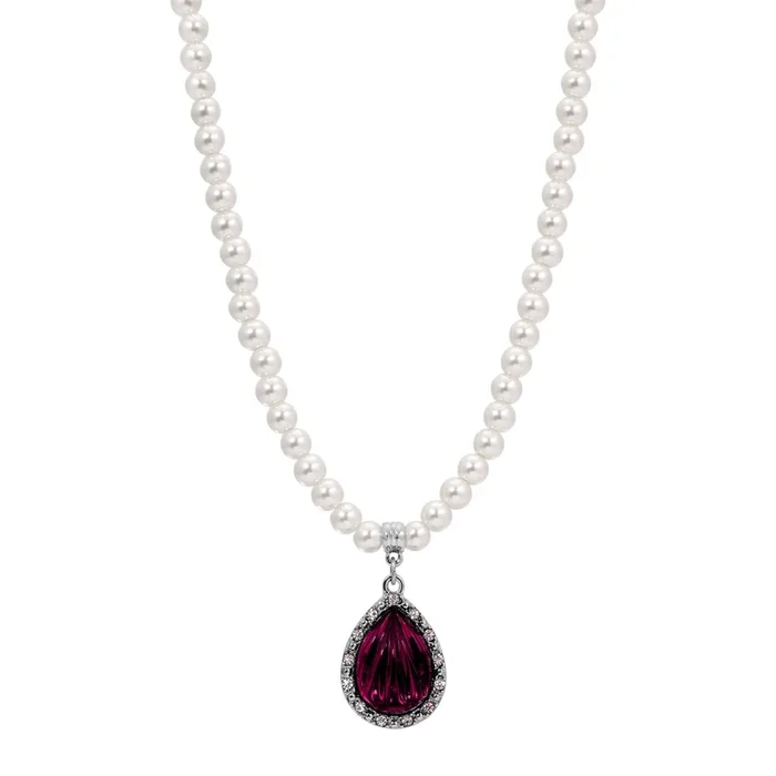 1928 Jewelry Faux Pearl Strand Lux Crystal Teardrop Pendant Necklace 15″ + 3″ Extension