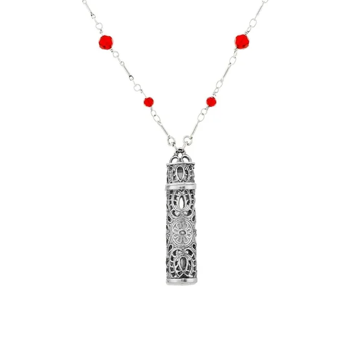 1928 Jewelry Filigrana Glass Vial Red Beaded Necklace 28″