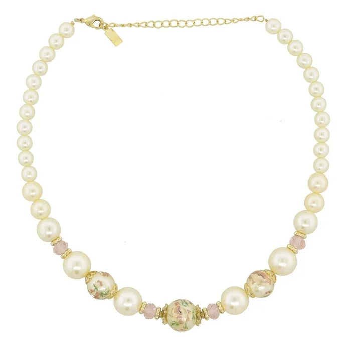 1928 Jewelry Flower Decal Faux Pearl Strand Necklace 16″ + 3″ Extender