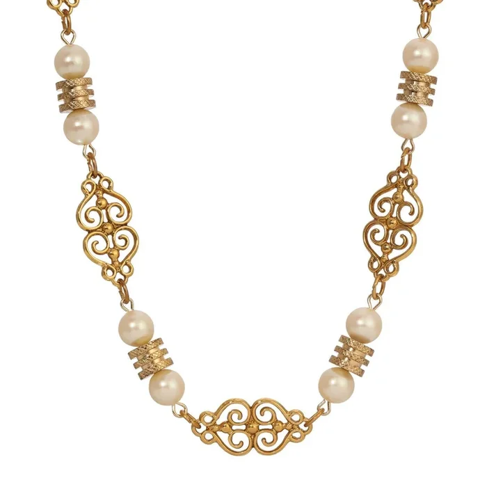 1928 Jewelry Gold Heart Filigree & Faux Pearl Link Necklace 16″ + 3″ Extension