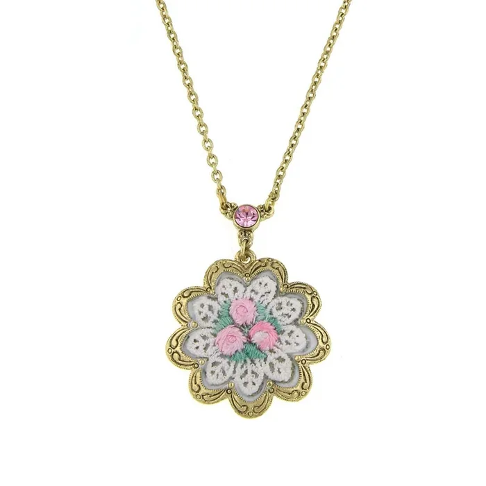 1928 Jewelry Knit Doily Pink Rose Flower Crystal Accent Pendant Necklace, 16 + 3″ Extender