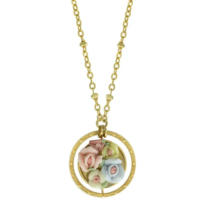 1928 Jewelry Multicolor Porcelain Flower Round Drop Necklace 16″ + 3″ Extender