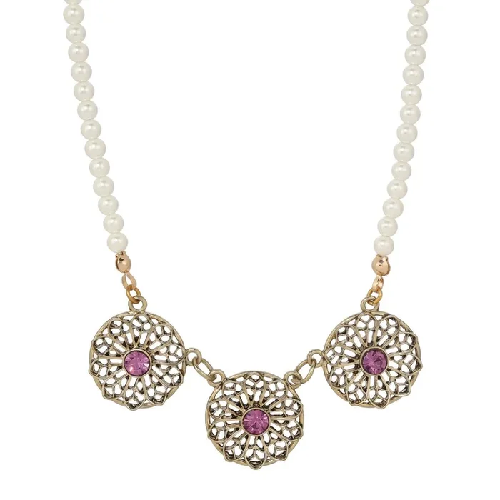 1928 Jewelry Ornate Floral Reverie Amethyst Purple Crystal Faux Pearl Strand Necklace 16″ + 3″ Extender