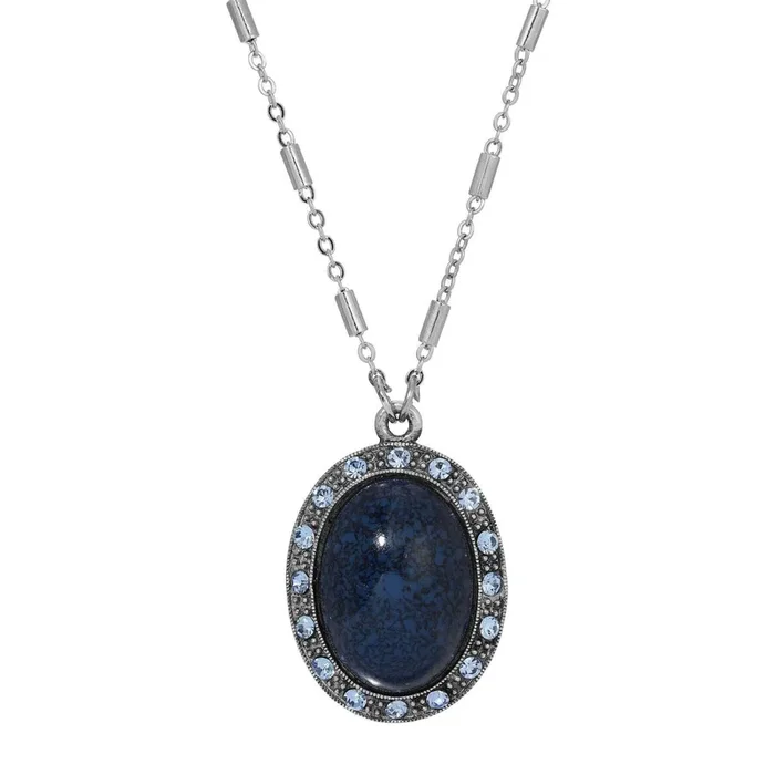 1928 Jewelry Oval Lapis Blue Stone & Light Sapphire Crystal Pendant Necklace 16″ + 3″ Extension