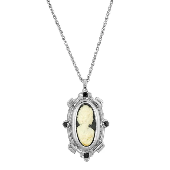 1928 Jewelry Oval Matte Black & Ivory Cameo Crystal Pendant Necklace 18″