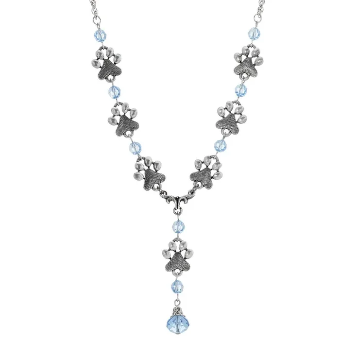 1928 Jewelry Paw Prints And Light Sapphire Glass Bead Y Necklace 16″ + 3″ Extender
