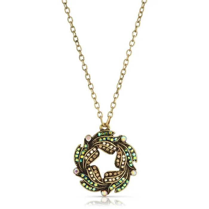 1928 Jewelry Peacock Plumage Blue Iridescent AB Wreath Pendant Necklace 16″ + 3″ Extender