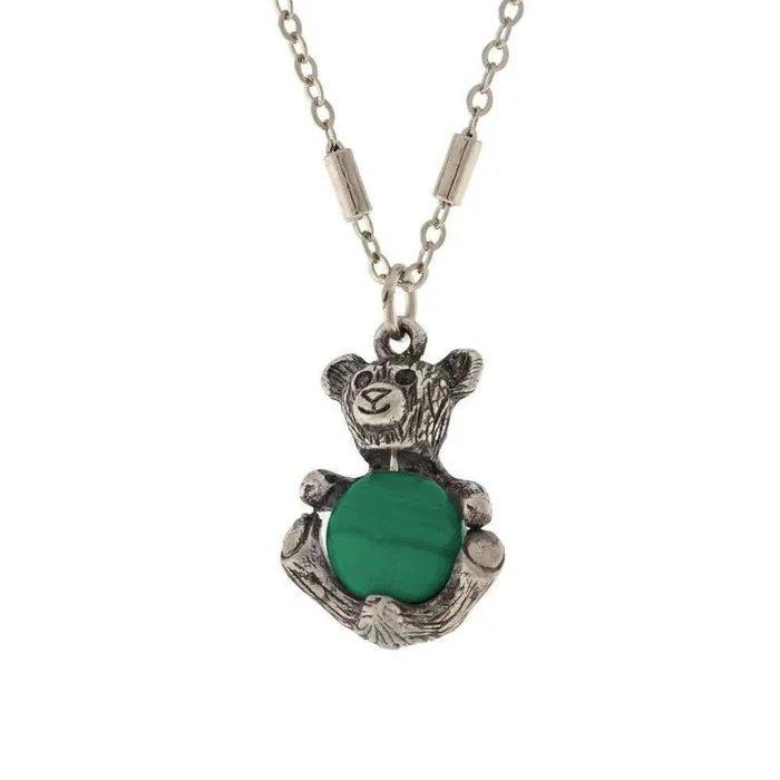 1928 Jewelry Pewter Round Gemstone Teddy Bear Pendant Necklace 16″ + 3″ Extender