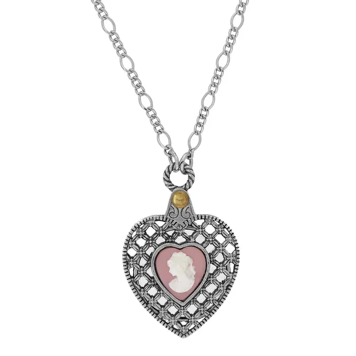 1928 Jewelry Pink Cameo Antiqued Heart Mirror Pendant Necklace 30″