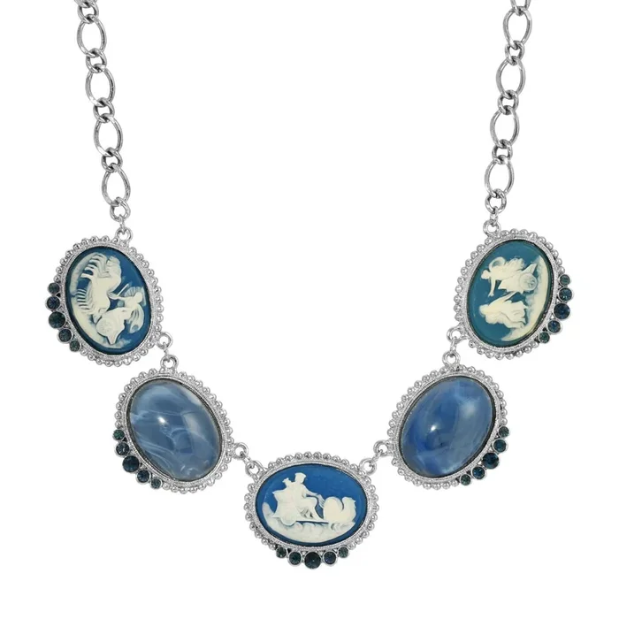 1928 Jewelry Roman Chariot Races Cameo Blue Stone Chain Necklace 16″ + 3″ Extender