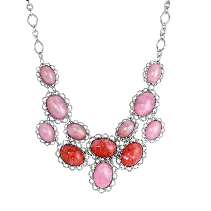 1928 Jewelry Roseate Paradise Coral Quartz & Pink Stone Bib Necklace 16″ + 3″ Extension