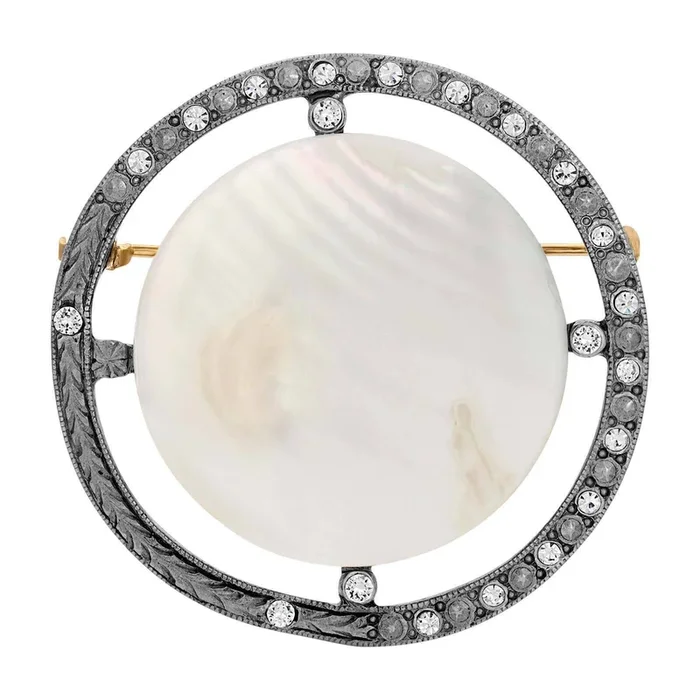 1928 Jewelry Round Pink Mother Of Pearl And Crystal Brooch