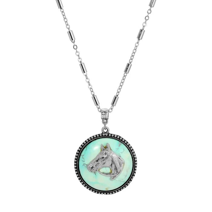 1928 Jewelry Round Turquoise Gemstone Equestrian Pendant Necklace 18″