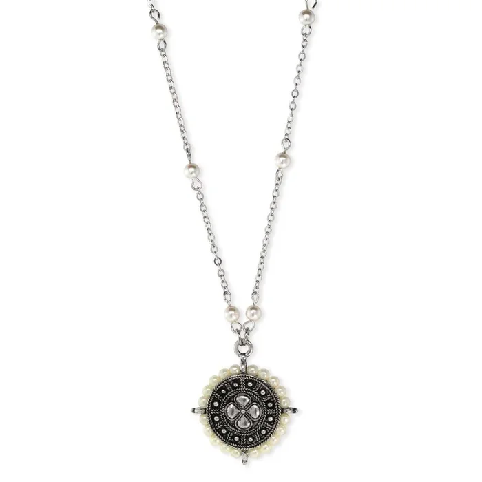1928 Jewelry Round White Faux Pearl Floral Pendant Necklace 16″ + 3″ Extender