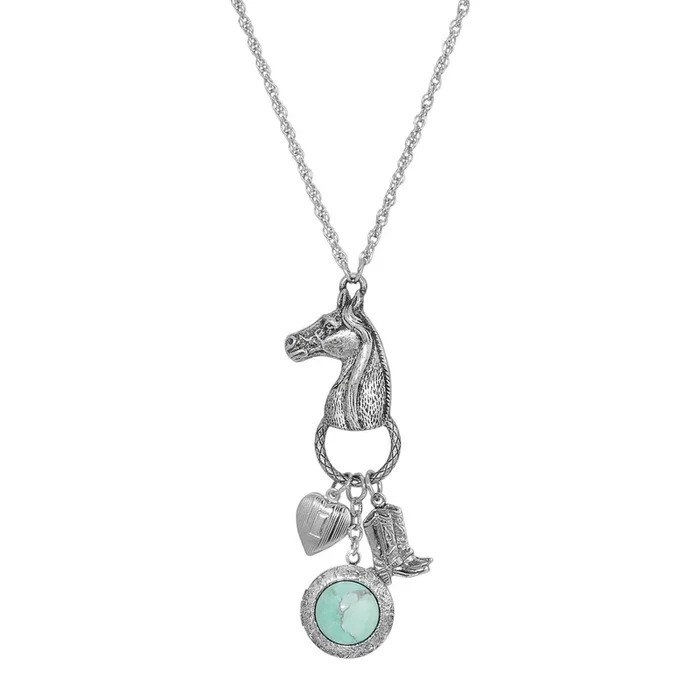 1928 Jewelry Southwest Horse Head Turquoise Locket & Charms Necklace 28″
