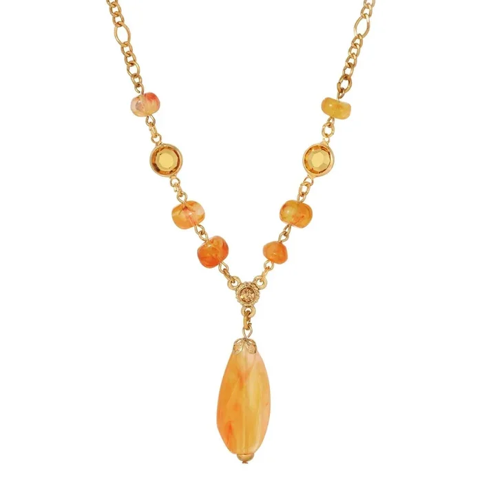 1928 Jewelry Topaz Crystals & Carnelian Marble Effect Pendant Necklace 15″ + 3″ Extension