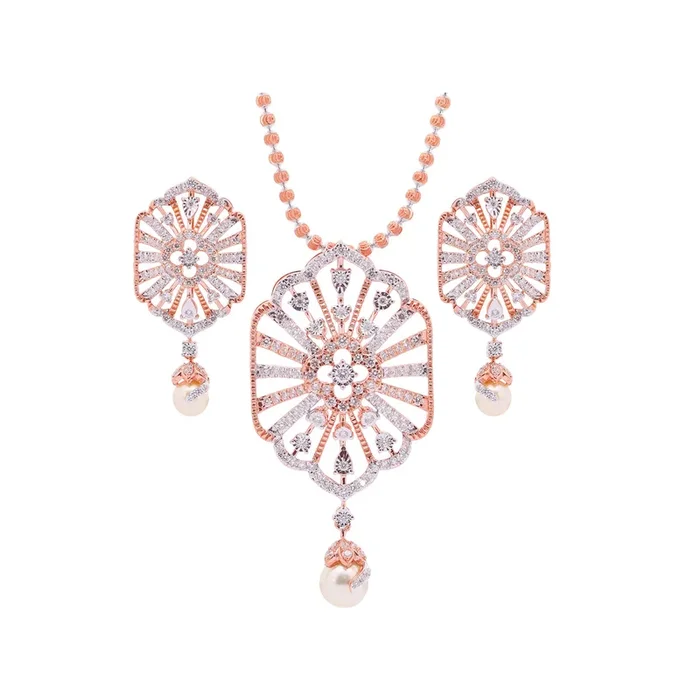 2.10Ct VVS/FG Diamond Pendant Set With Pearl in 18K Rose Gold