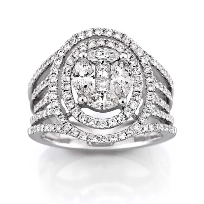 2 CTW Natural Diamond Cluster Engagement Ring in 14KT White Gold