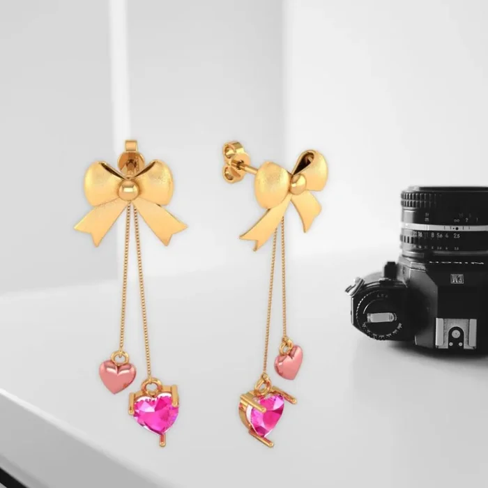 22k Combined With Hearts And Bow Style Gold Earrings