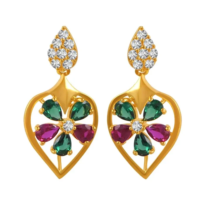 22k Gold Earrings With A Gemstone Flower On Top Of A Leaf Design And Stone Detailing