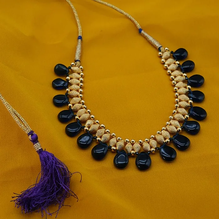 22KT (916) Yellow Gold Blue Enamel Teardrop Beads Thusi Necklace