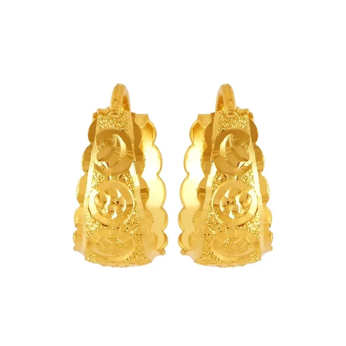 22KT (916) Yellow Gold Floral Motif Hoop Earrings With An Elegant Carved Design