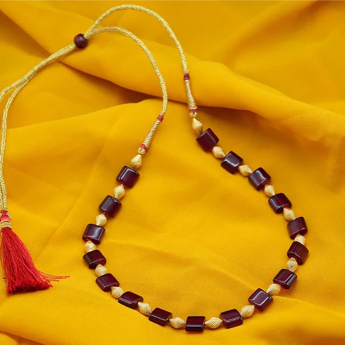 22KT (916) Yellow Gold Red Square Beads Traditional Thusi Necklace