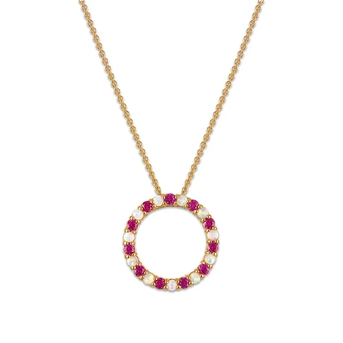 2MM Round Ruby and Opal 18-inch Circle Pendant in Yellow Gold Plated Sterling Silver
