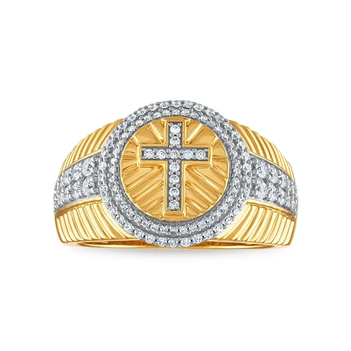 3/4 CTW Natural Diamond Cross Rolex-look Ring in 10KT Yellow Gold