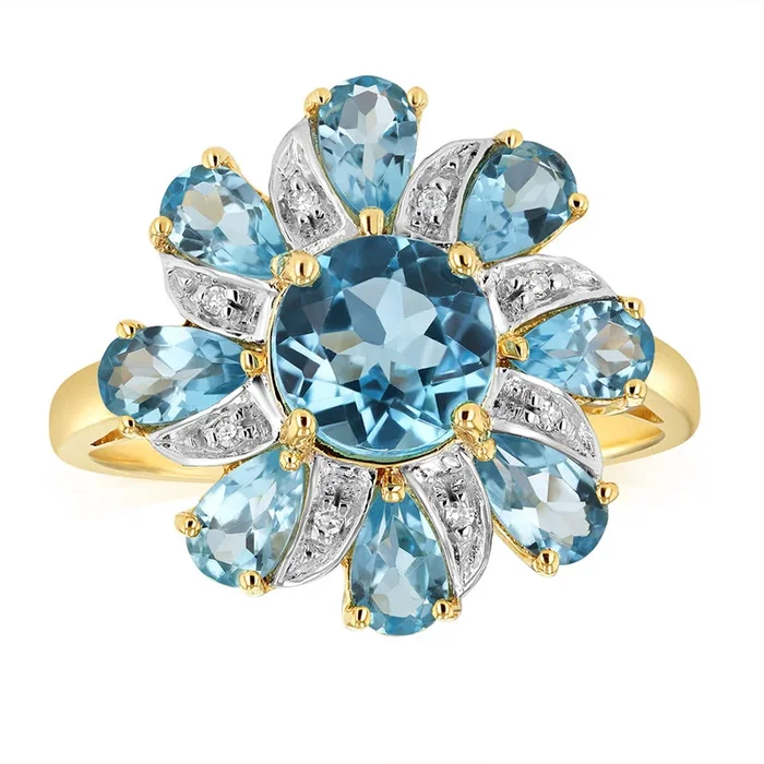 3.58 Carat Blue Topaz and Diamond Ring in 9ct Yellow Gold