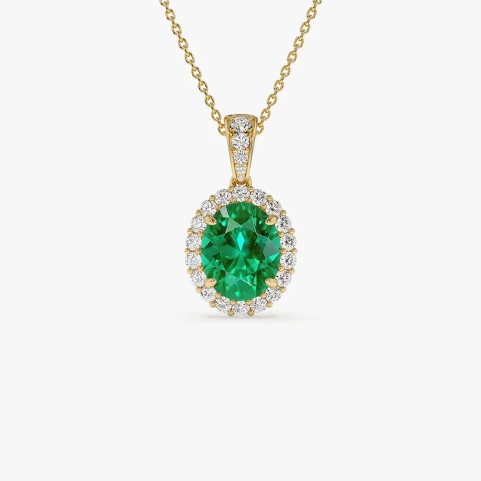 3.60 Ctw 14k Lab Grown Colombian Emerald and Diamond Halo Pendant Necklace – Aura