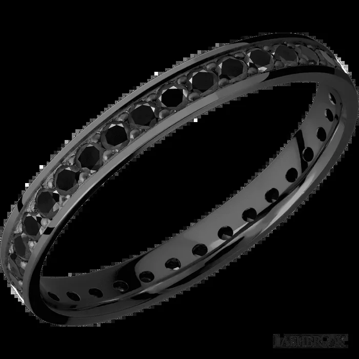 3 mm wide/Flat/Zirconium band with an Eternity arrangement of .03 carat Round Black Diamond stones in a Bead setting.