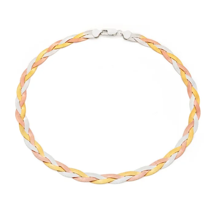 3 Tone Gold Plated Sterling Silver Herringbone Necklace 45cm