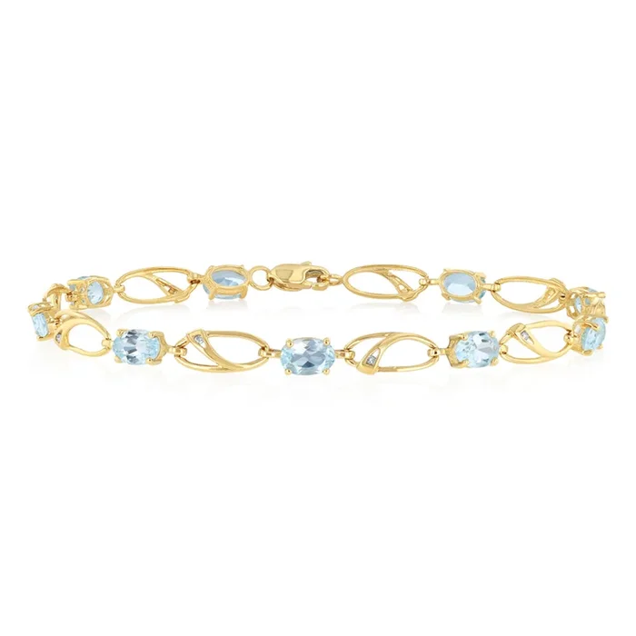 4.87 Carats Blue Topaz & Diamond Bracelet 18cm in 9ct Yellow Gold
