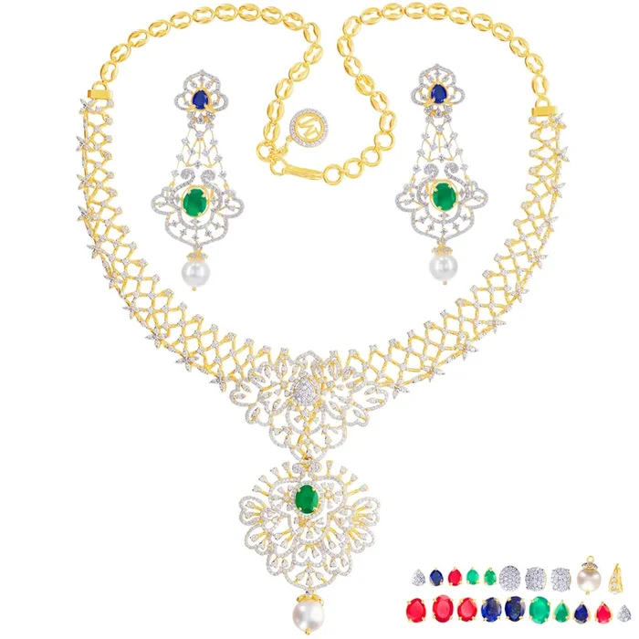 6.61Ct VVS/EF Diamond Necklace Set With Changeable Gemstones in 18K Gold