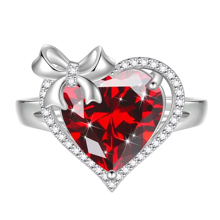 6 Karat Herz-Damenring mit Schleife, 925er Sterlingsilber, Geburtsstein Januar, Granatring, roter Solitär, Schmuck, Geschenk für Mutter, Ehefrau, Geburtstag, Valentinstag
