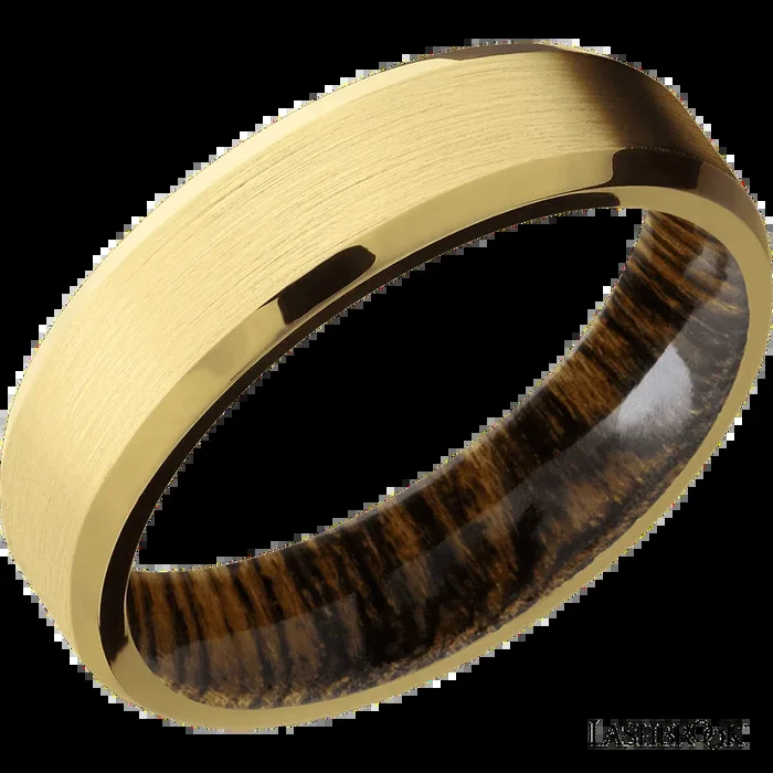 6 mm wide Beveled 18K Yellow Gold band featuring a Bocote sleeve.