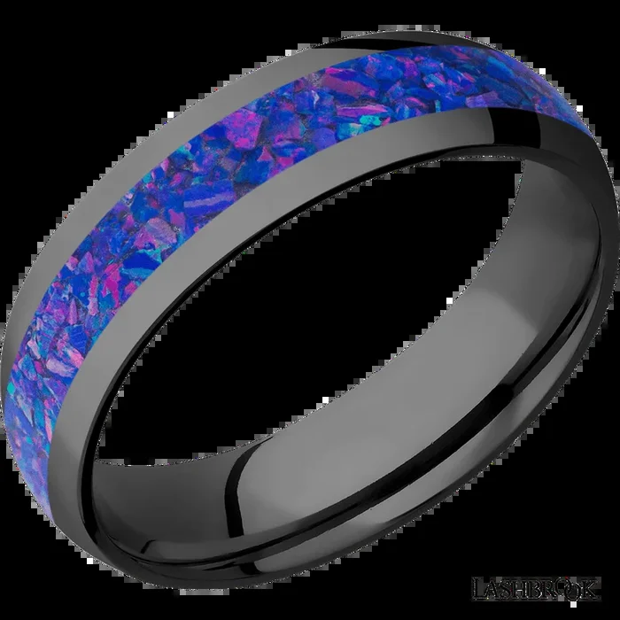 6 mm wide/Domed/Zirconium band with one 3 mm Centered inlay of Purple Opal.
