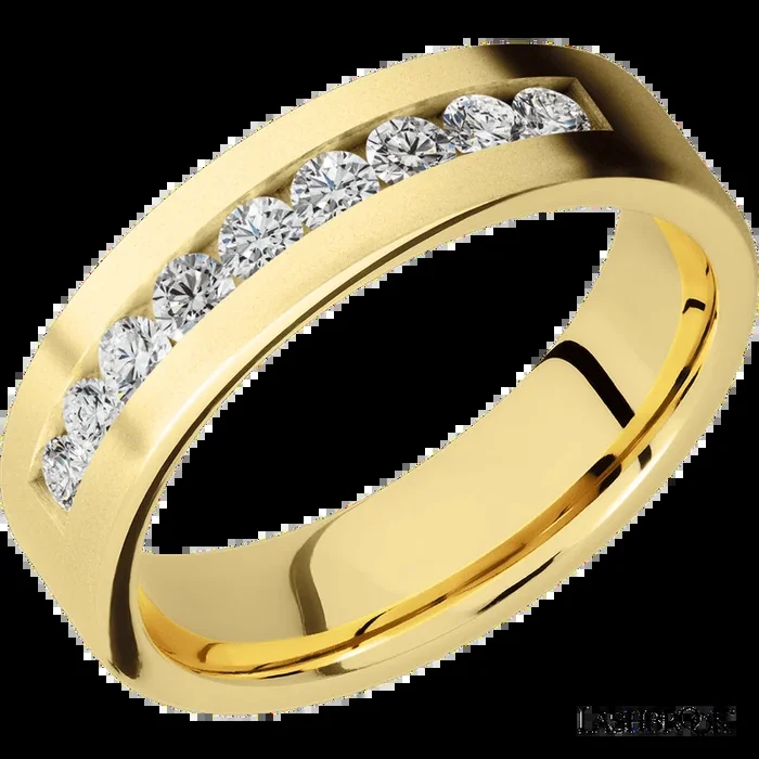 6 mm wide/Flat/14K Yellow Gold band with an arrangement of 9, .07 carat Round Diamond stones in a Channel setting.