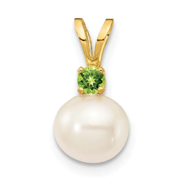 6X7MM Round Pearl and Peridot Pendant in 14KT Yellow Gold. Chain not Included