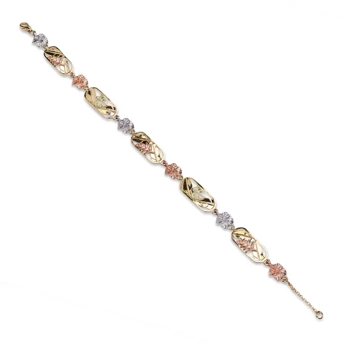 7.25-8.25″ Adjustable Hawaiian Gardens Hibiscus Bracelet in Four Tone Gold with Diamonds