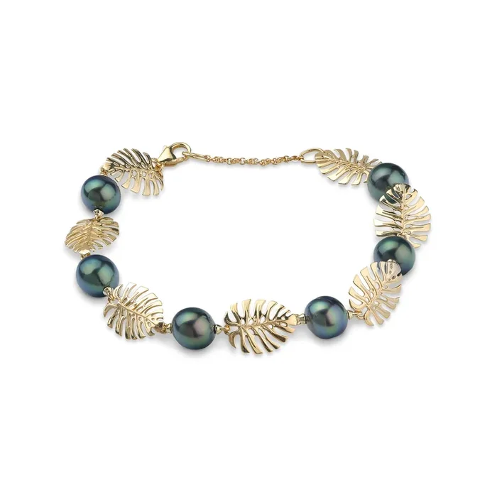 7.5-8.5″ Adjustable Monstera Tahitian Black Pearl Bracelet in Gold – 8-9mm