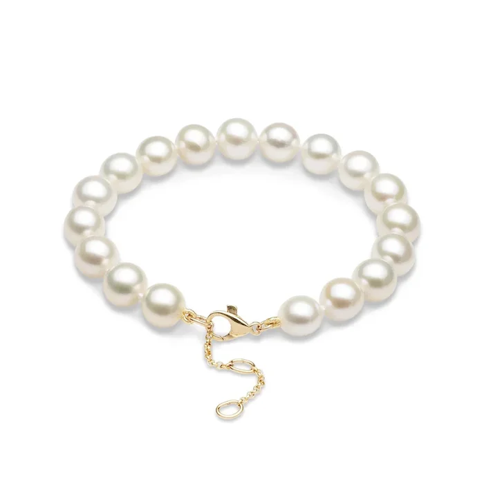 7.5-9″ Adjustable Freshwater White Pearl Bracelet in Gold – 9-10mm