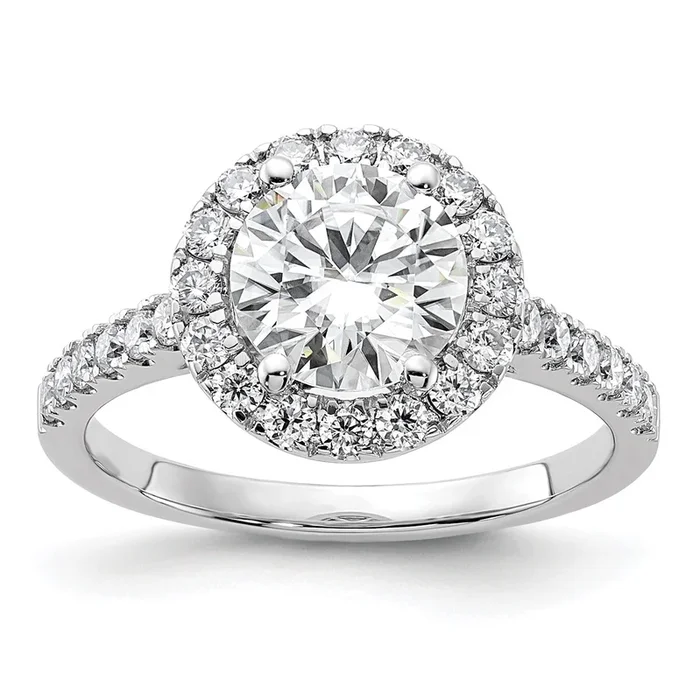 7.5MM Round Moissanite Halo Engagement Ring in 14KT White Gold; Size 7