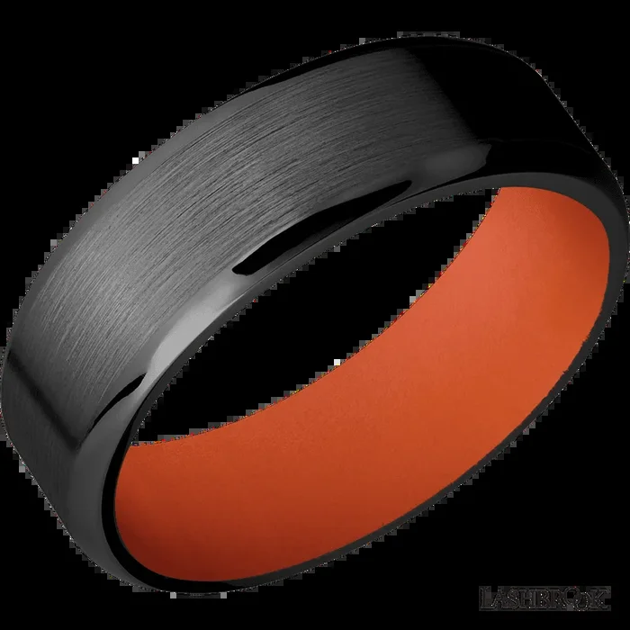 7 mm wide Beveled Zirconium band featuring a Hunter Orange sleeve.