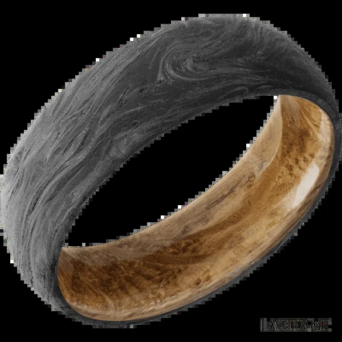 7 mm wide Domed Forged Carbon Fiber band featuring a Whiskey Barrel sleeve.